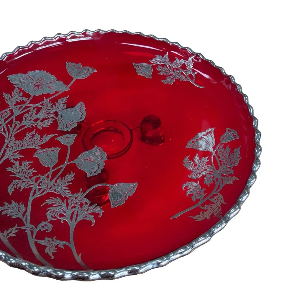 VTG Ruby Red Glass Footed Dish Scalloped Edge Poppy Sterling Overlay  Round 7.5